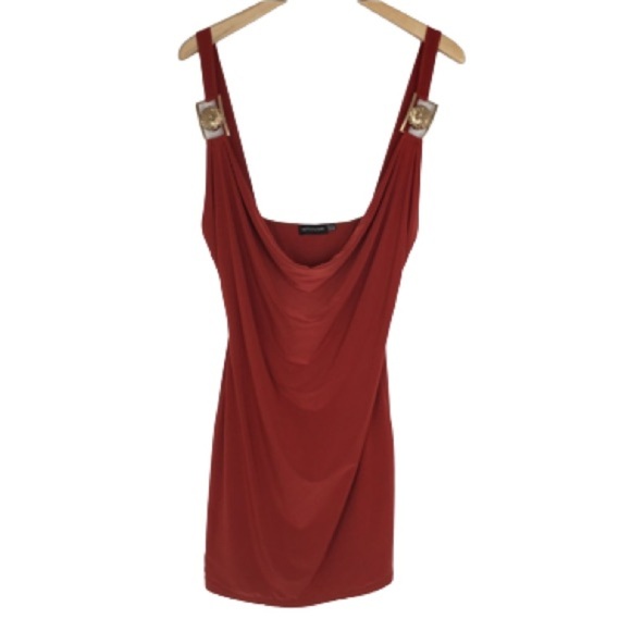Pretty Little Thing Sexy Mini Dress Slinky Drape Front Rust Red Gold Lion Sz 10 - Picture 1 of 10